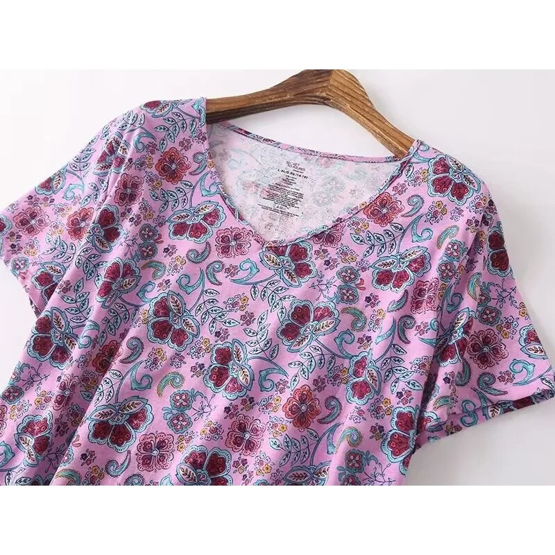 2024 Summer Female Casual Flower Print Sleep Dress Ladies Knit Cotton Nightgown Women Short Sleeve Plus Size Home Dresses M-XXXL