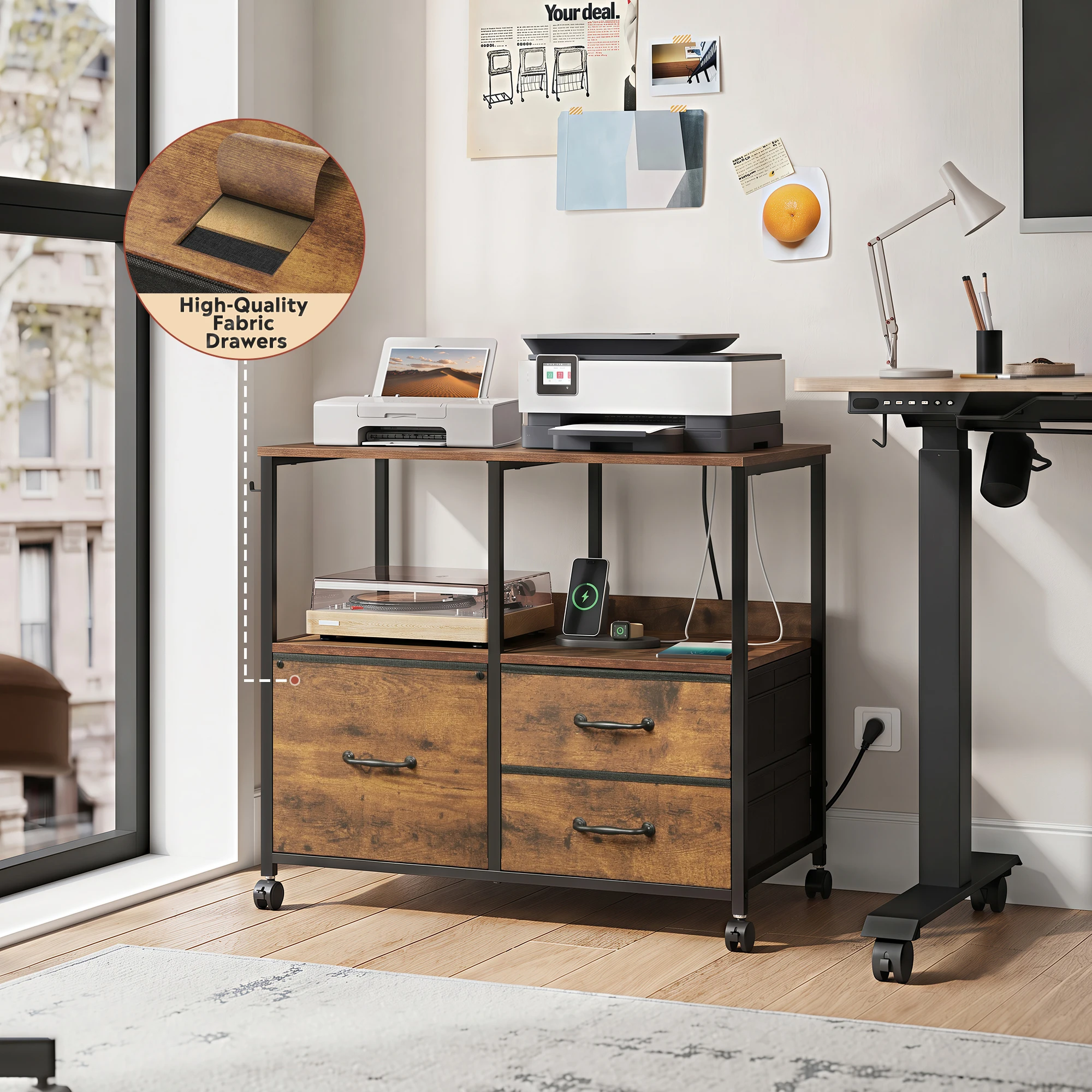 3 Drawer Mobile File Cabinet, Fabric Filing Cabinet, Rustic Brown Lateral Rolling Printer Stand with Charging Station & Storage Shelf, Fits A4 or Letter Size, Adjustable Shelf for Home Office