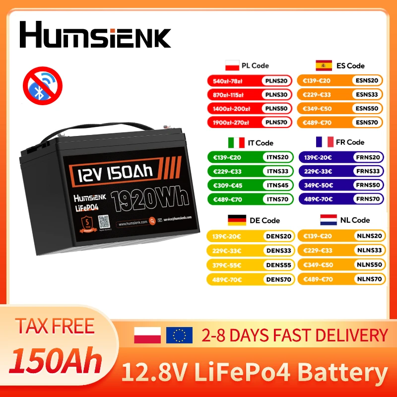 Batterie au lithium LiFePO4 Humsienk 12V 150Ah - 1920Wh avec BMS 110A intégré, batterie à cycle profond 15000 cycles, coupure automatique à basse température, rechargeable pour système solaire, camping-car, alimentation de secours domestique, applications marines, hors réseau