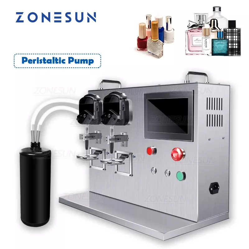 ZONESUN Semi Automatic Liquid Weighing Filling Machine Ink Nail Polish Milk Juice Double Nozzles Cosmetic Vial Quantative Filler