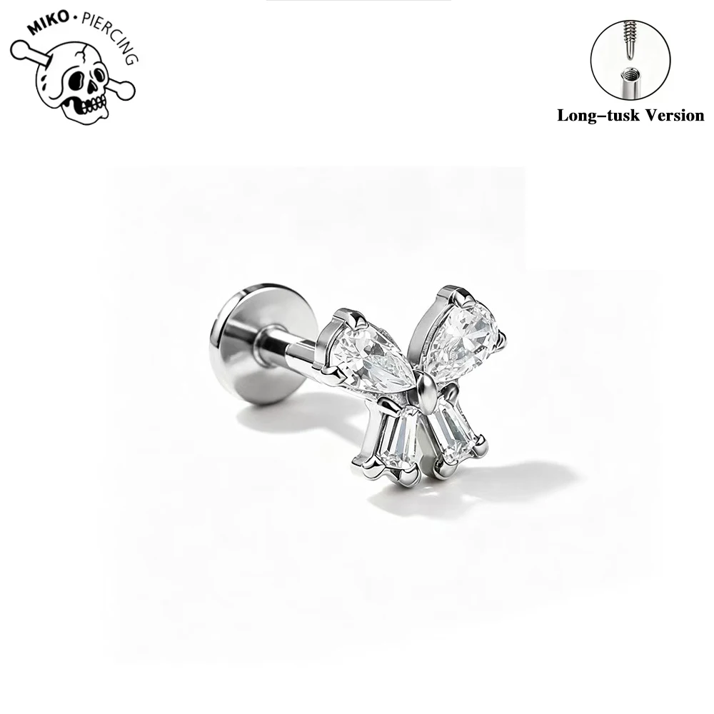 F136 Titanium Internally Long-Tusk Version Thread Labret Stud Bee Flower CZ Tragus Helix Cartilage Earring Body Piercing Jewelry