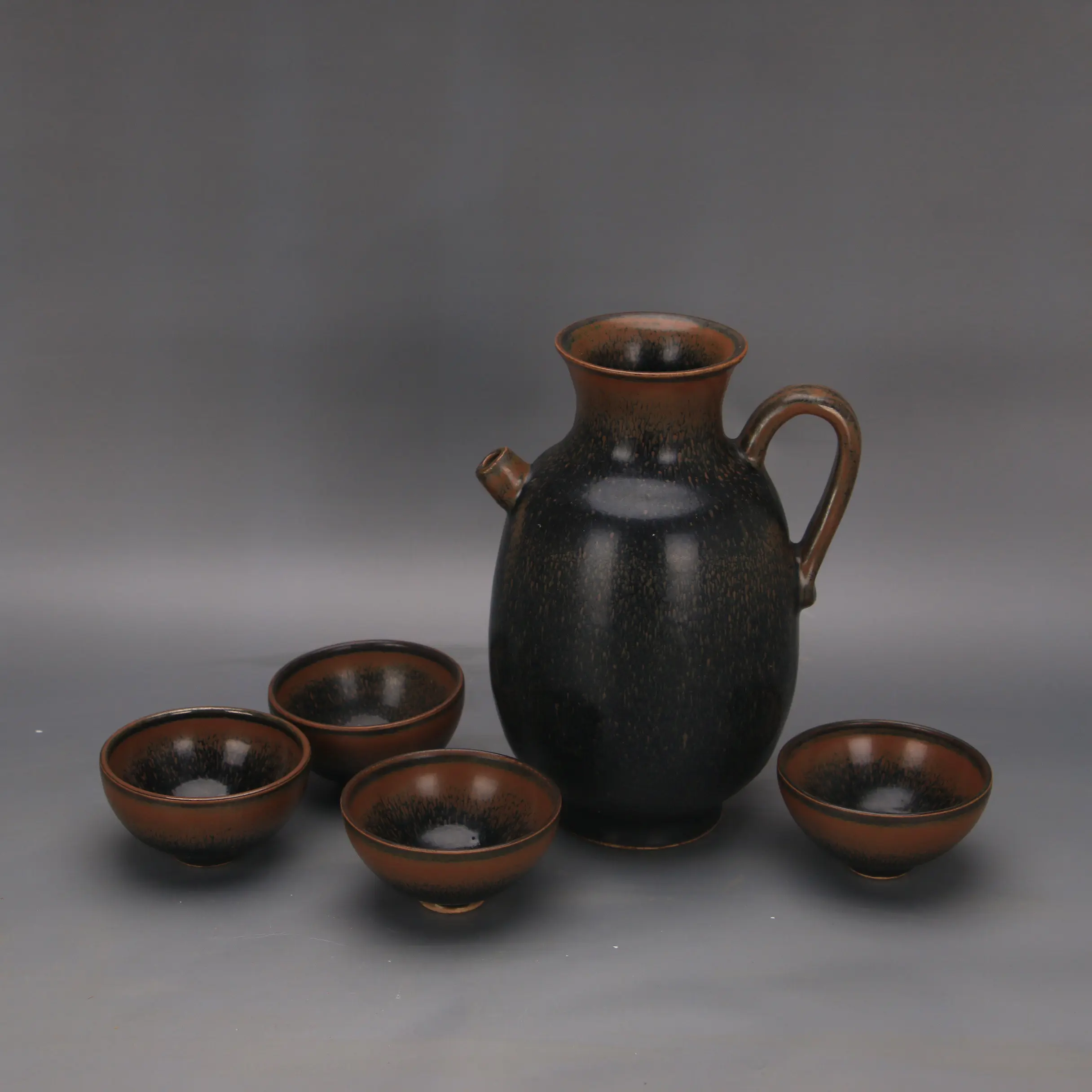 Vintage Song Dynasty Style Jian Kiln Black Glaze Temmoku Rust Spot Handmade Teapot 4 Cups Tea Set Home Decor Collectible