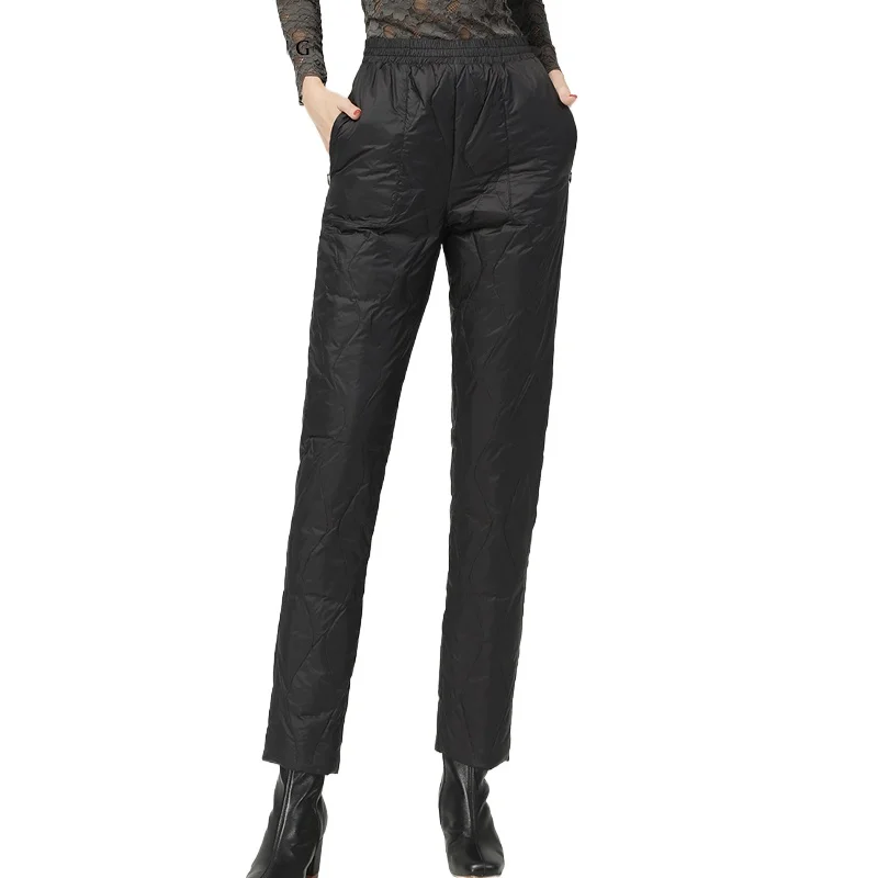 أزياء المرأة أسفل سروال رصاص لفصل الشتاء مرونة الخصر الدافئة سميكة بطة بيضاء أسفل مبطن السراويل الطويلة مع جيوب