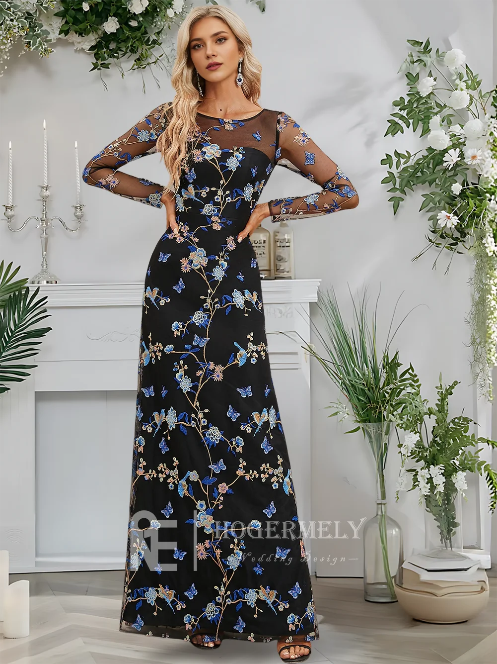 فستان سهرة أنيق للنساء 2025 طول الأرض دانتيل أسود زهري على شكل حرف a سكوب بأكمام طويلة فستان حفلة موسيقية لحفلات الزفاف