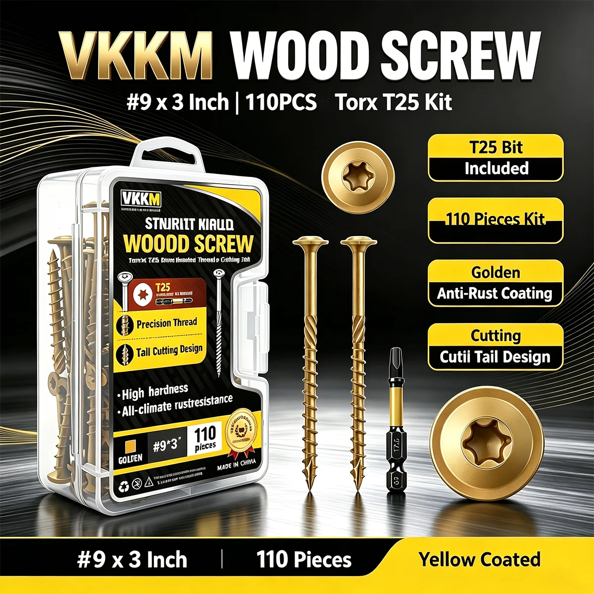 VKKM #9 x 3 Inch Golden Knurled Wood Screws 110PCS Torx T25 Self Tapping Cutting Tail Wood Screw Kit with T25 Bit for Furniture Deck Wooden Construction