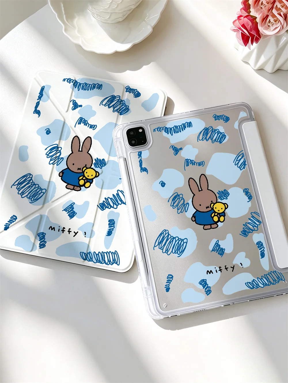 Kawaii Miffy Grid Star Print Crystal Clear Y-fold Double-sided Print Case For iPad Pro 11 Air4 Air5 10 Gen With Pencil Slot Shoc