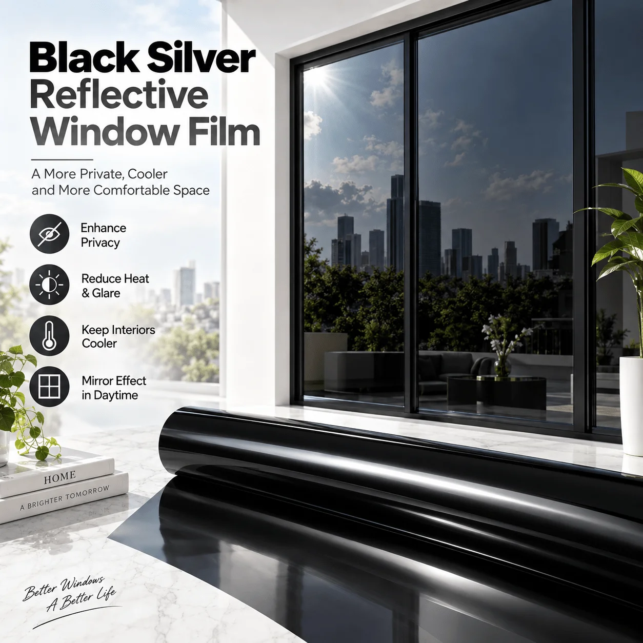 Removable One Way Mirror Window Film Roll Static Cling Heat Block Anti Glare UV Block Privacy for Home Office Car