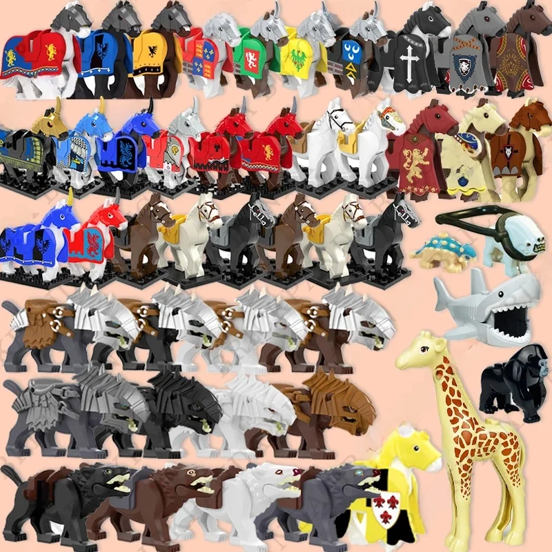 MOC – blocs de construction médiévaux, accessoires de figurines, Zoo, éléphant africain, chameau, cerf, loup, Crocodile, cheval de guerre, briques d'animaux, jouets cadeaux