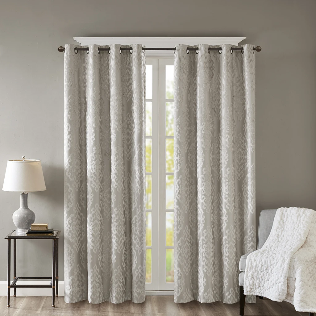 

Knitted Jacquard Damask Total Blackout Grommet Top Curtain Panel(Only 1 Pc Panel) (Silver + Polyester)"
