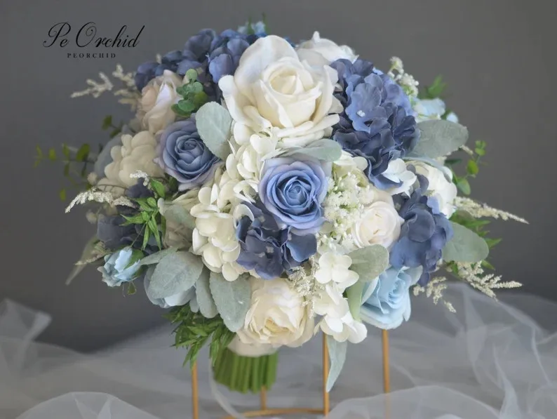 Peorquídea empoeirado azul buquê de casamento hortênsias artificiais azul branco buquê de noiva toque real falso seda rosas flores decoração