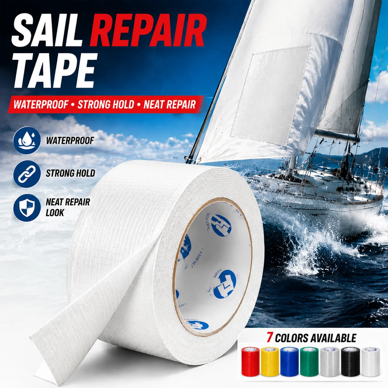 Heavy Duty Sail Repair Tape Waterproof Marine Adhesive Patch for Boat Sail Canvas Tarp PVC Fabric Outdoor Emergency Fix
