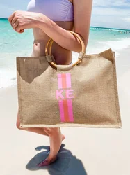 Striped Monogram Bamboo Jute Carryall Personalised Name Tote Bag Custom Beach Bridesmaid Gifts With Name Bachelorette Girls Trip