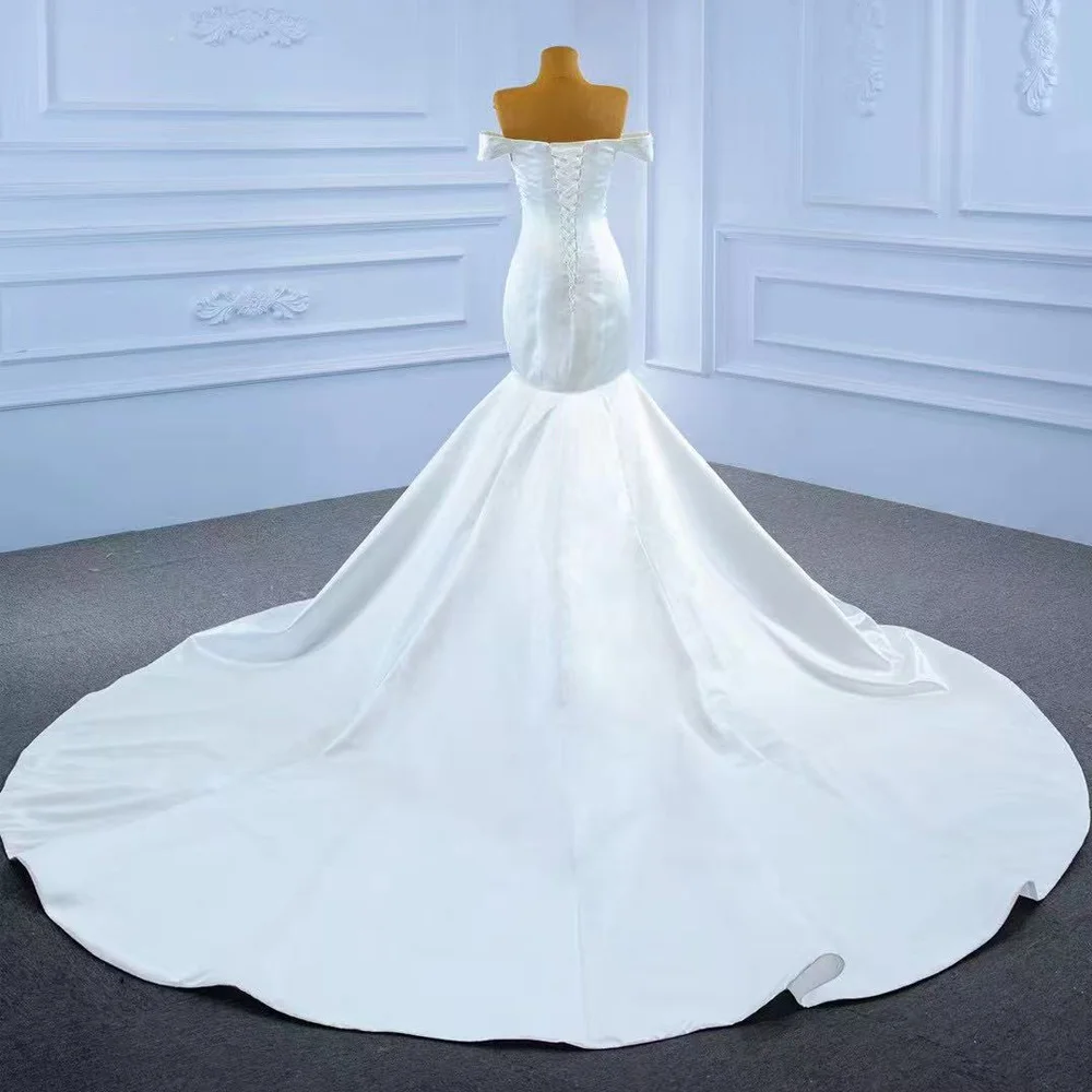 Robe mariée querida fora do ombro rendas até as costas franzidas miçangas cristal pérolas vestido de noiva