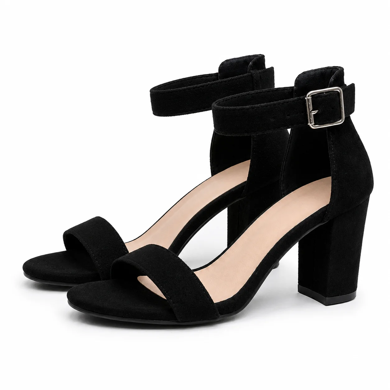 Women's Black Faux Suede Sandals 8cm Block Heel Open Toe Ankle Strap Dress Shoes for Office Party Wedding