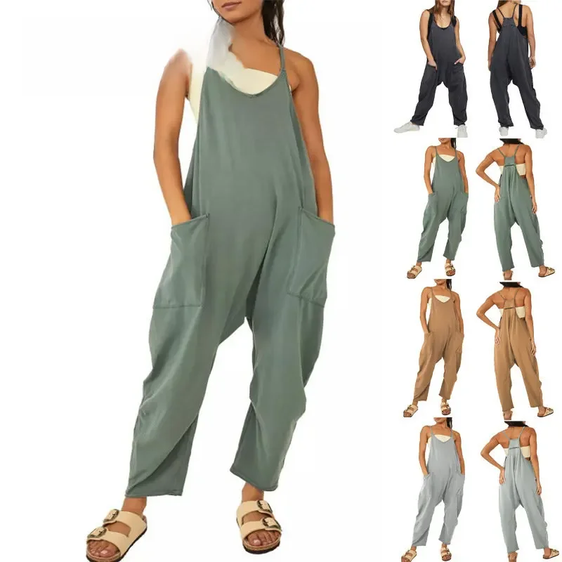 Damski kombinezon bez rękawów z paskiem do spaghetti Vintage Harajuku Luźne spodnie z szerokimi nogawkami Letnie kombinezony oversize Rompers — zdjęcie 2