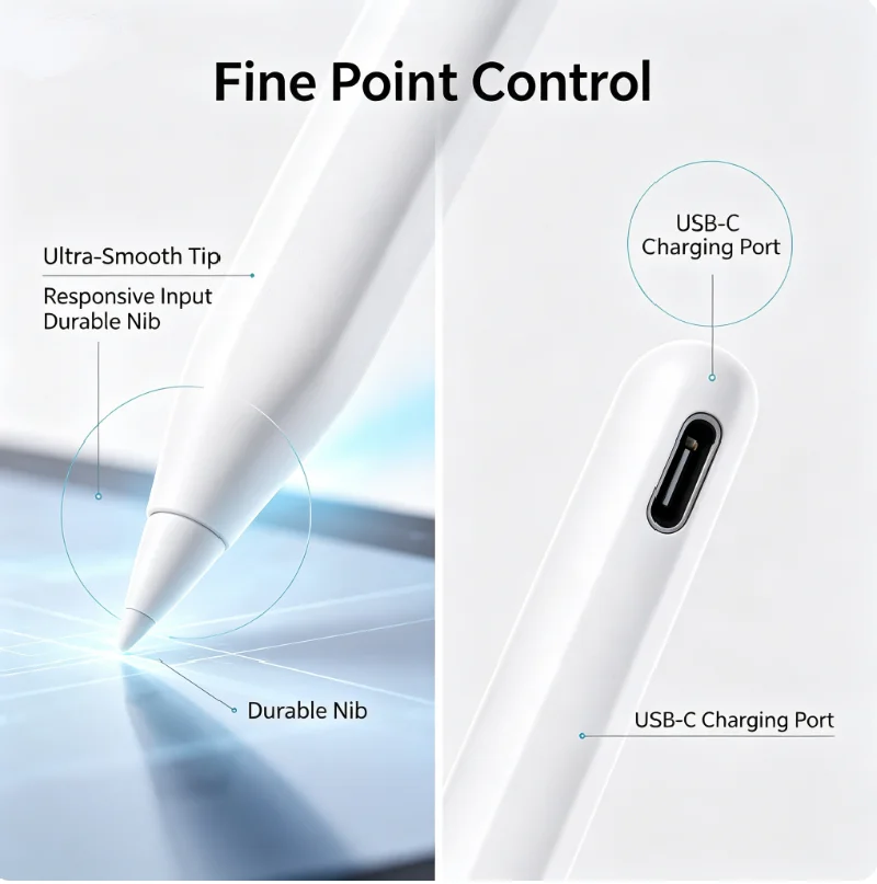 USB-C Wiederaufladbarer Magnetischer Stylus-Stift für iPad mit Handballenerkennung, Neigungsempfindlichkeit, Aktiver Stift zum Schreiben und Skizzieren