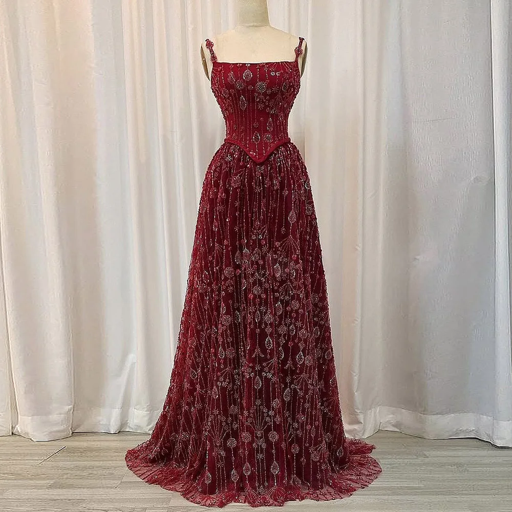 Elegantes A-Linie-Abendkleid aus Dubai-Arabien, Spaghettiträger, Perlen, langes formelles Abschlussball-Hochzeitskleid für Frauen, individuell gestaltet 2023
