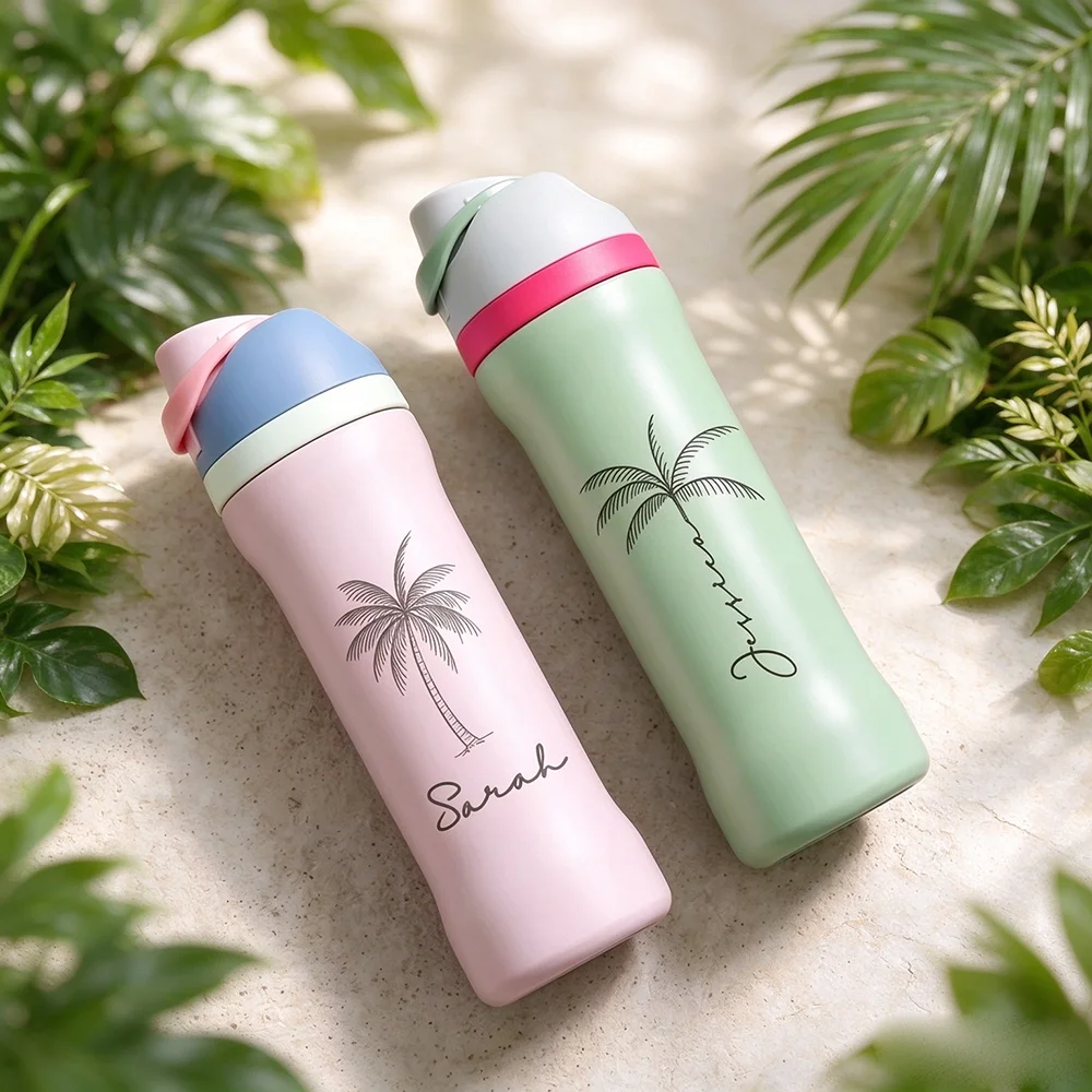 Custom Palm Tree Water Bottle Personalized Stainless Steel Insulated Thermos with Flip Straw Lid Outdoor Beach Travel Cup. view 3