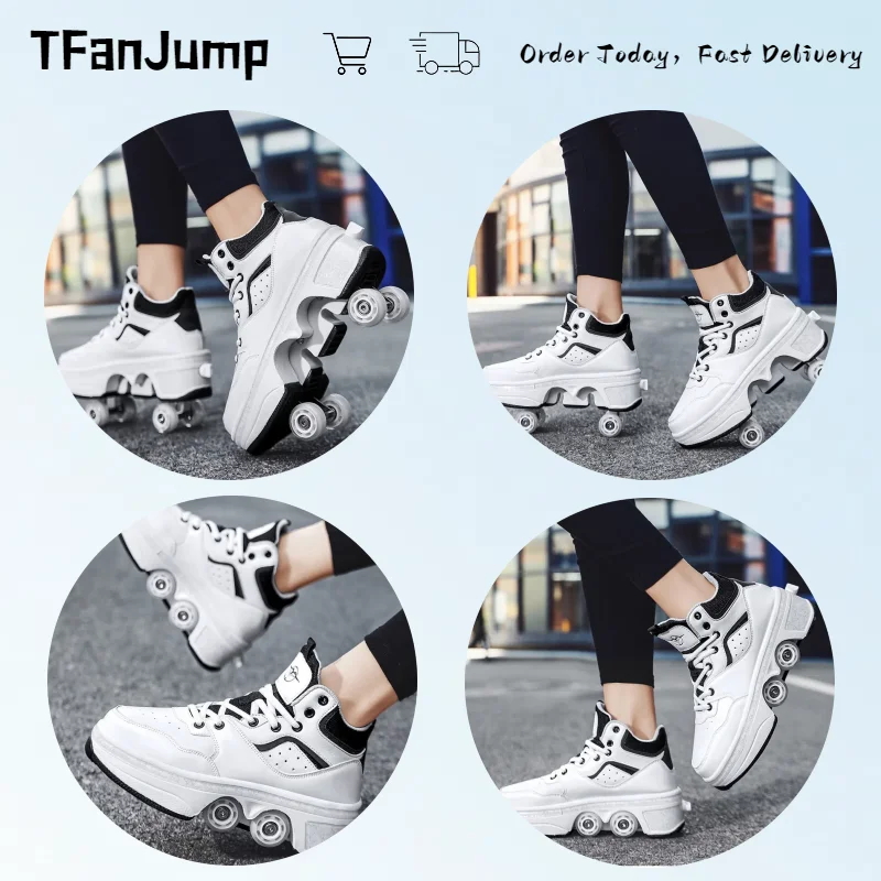 2024 Double Row 4 Wheels Parkour Sport Roller Shoes Unisex Adult Sneakers Fashion Outdoor Sports Shoes Girls Boys