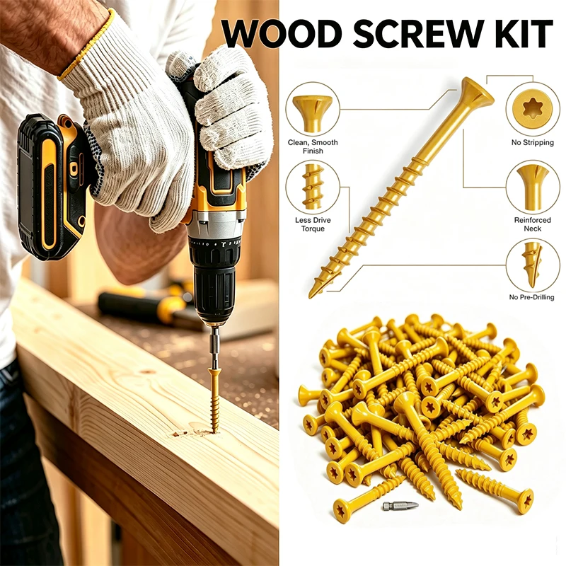 VKKM #8 X 2' Tan Exterior Deck Screws 400pcs, T25 Torx Star Drive Anti-Corrosion Carbon Steel Countersunk Flat Head Self-Tapping Screws for Decking, Fencing, Outdoor & Indoor Wood Projects, with Free T25 Bit