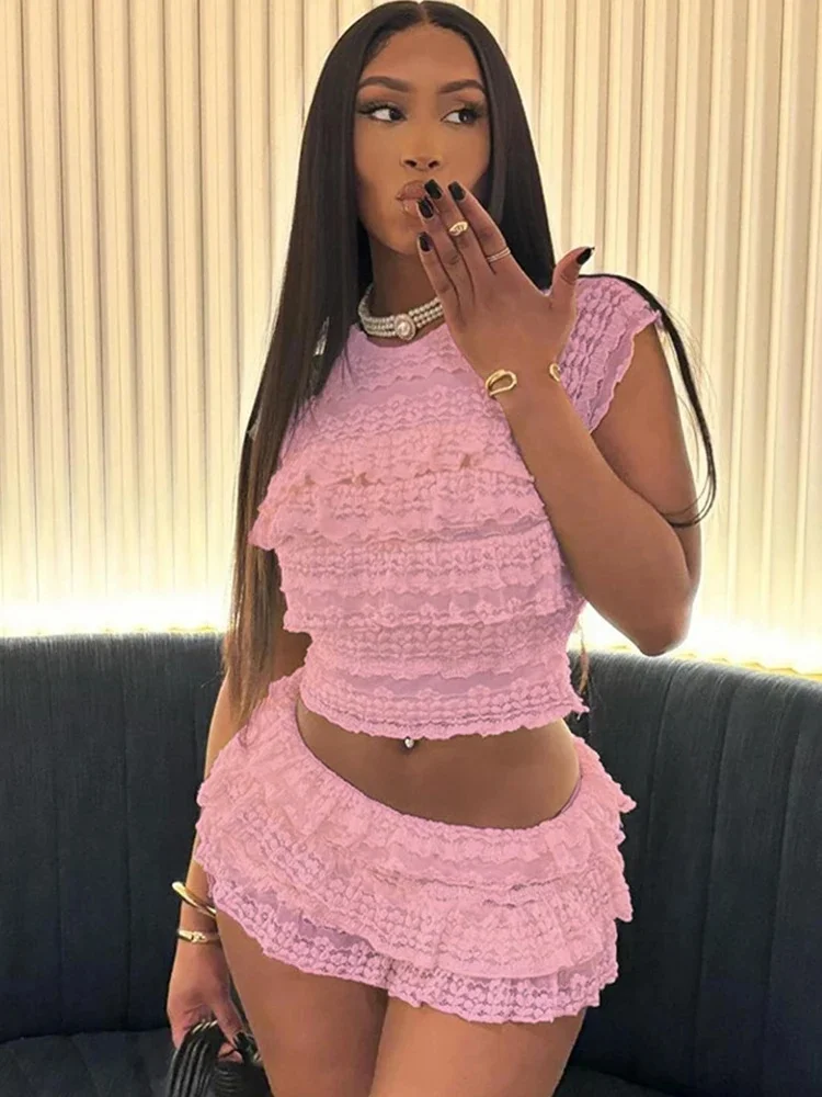 Weird Puss Sexy Tierred Women 2Piece Set Summer Elegant Thin Ruffles Tnak Top+Shorts Skirts Midnight Concert Party Matching Suit — zdjęcie 2