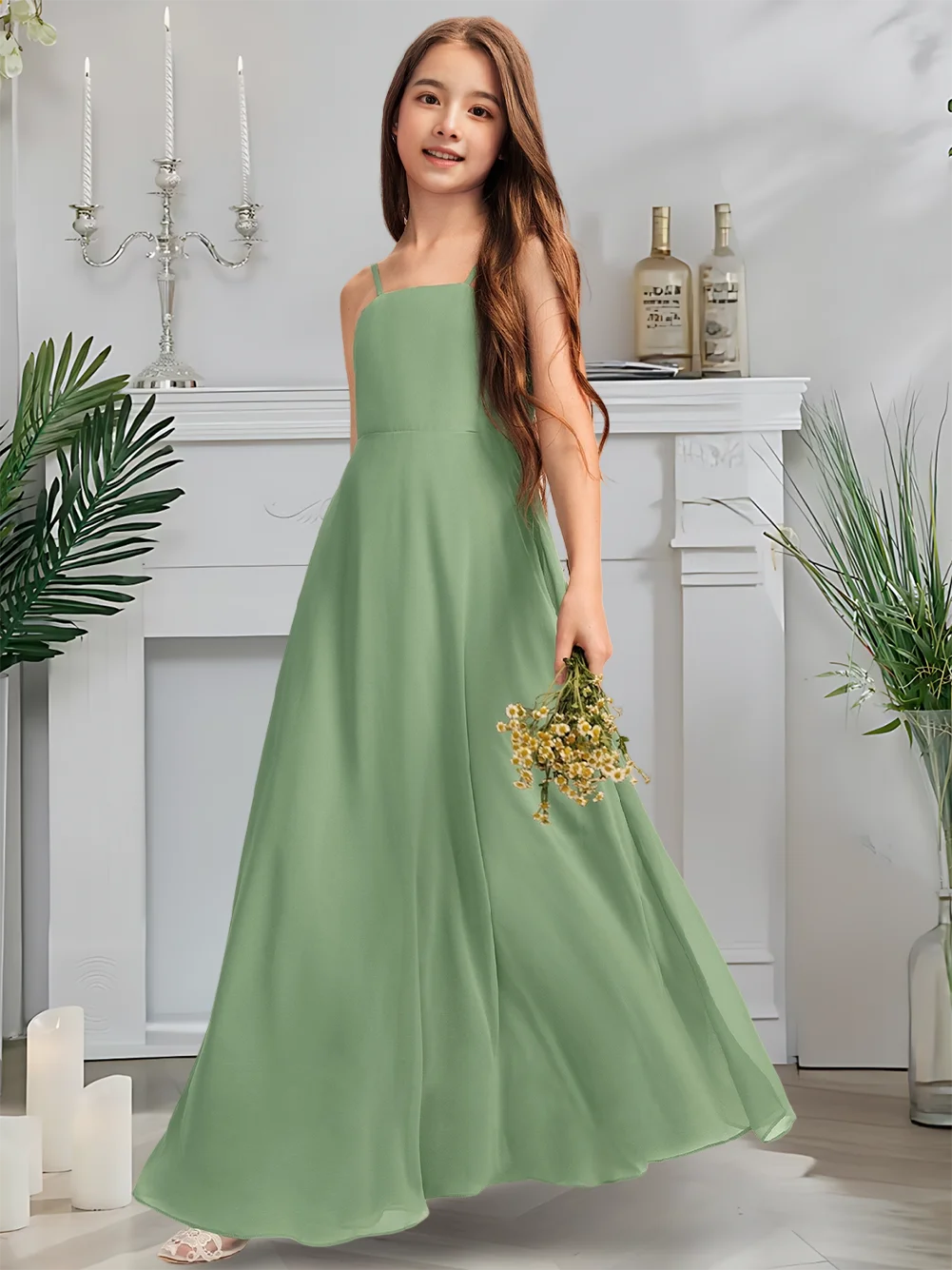 Элегантное платье подружки невесты с квадратным вырезом, шалфейное зеленое платье с цветочным узором для девочек, шифоновое платье длиной до пола с бантом для причастия