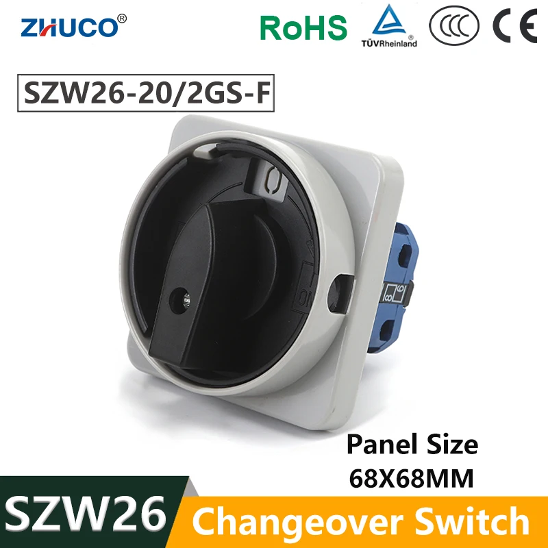 ZHUCO SZW26-20 2GS-H 68X68mm 20A 2 Positions 2 Poles 0-1 Panel Cut-off  Rotary Cam Switch Power Knob Isolation Master Switches