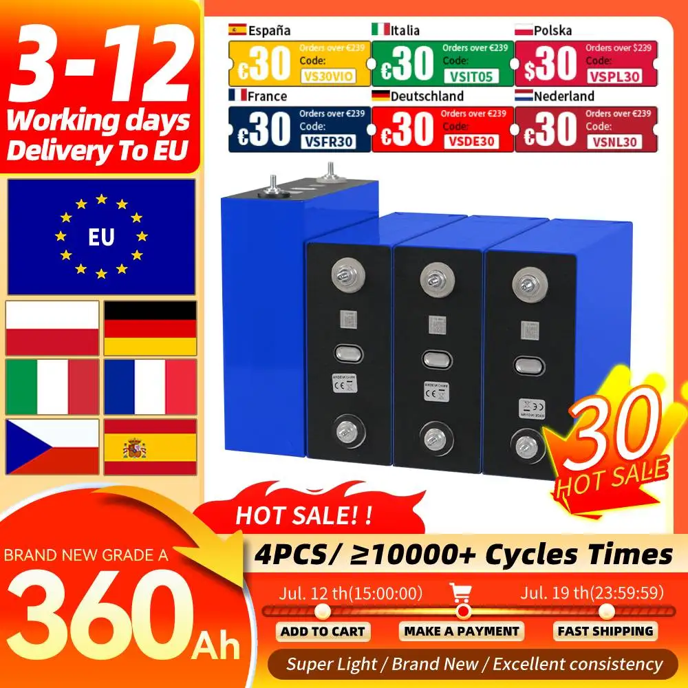 Cellule LiFePO4 PWOD Grade A 3.2V 360Ah à 10 000 cycles, cellule au phosphate de fer et de lithium pour DIY 12V 24V 48V, stock PL, cellule solaire pour camping, pack de batteries solaires pour fourgonnettes, voiturettes de golf, camping-cars et stockage d'énergie domestique