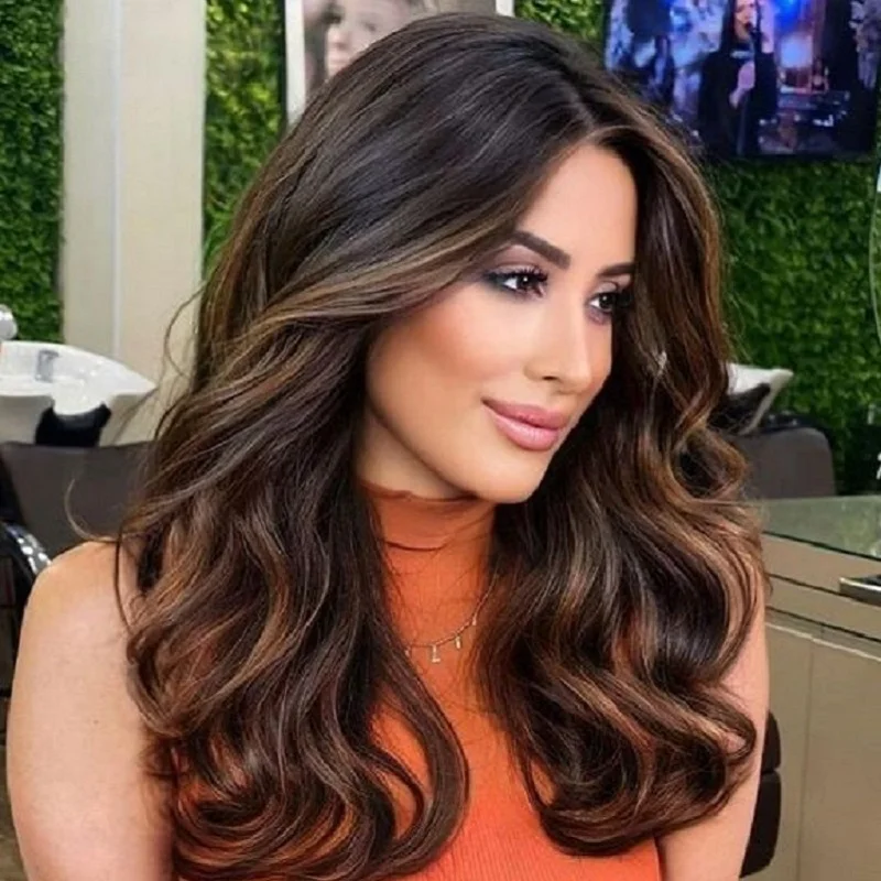 Clip-in haarextensies van echt mensenhaar, balayage chocoladebruin gemengd karamel blond donkere wortels ombre 120g 7 stuks 16 clips in - afbeelding 2