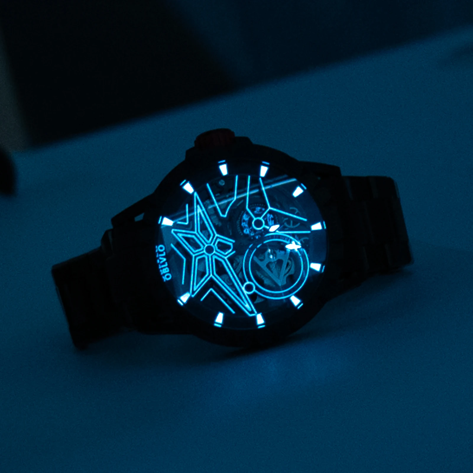 OBLVLO ハイエンド機械式ホイール自動時計ブラックスケルトン発光防水レザーストラップミリタリーウォッチ男性用 LMQ