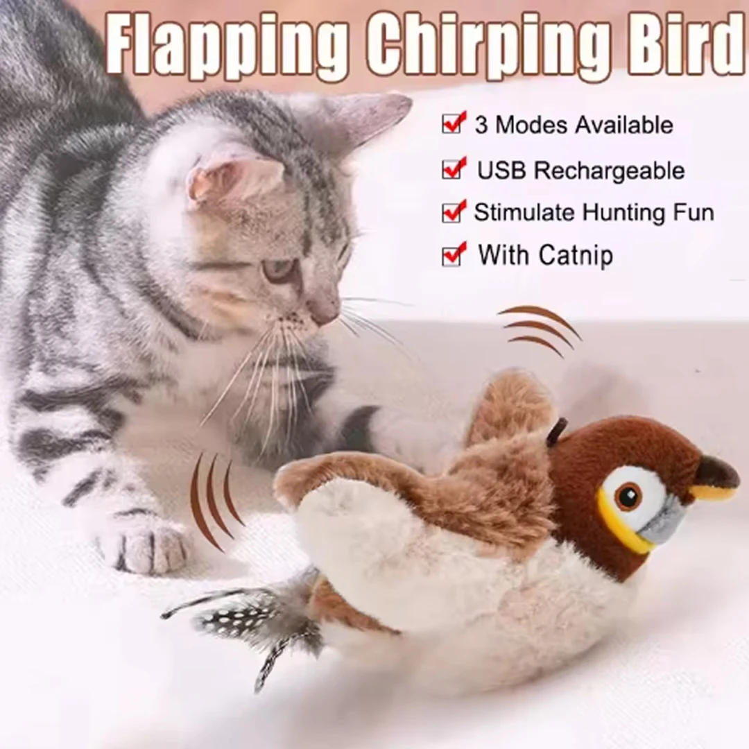 Rechargeable Simulated Bird Cat Toy Interactive Chirping Flapping Bird Touch Activated Plush Pet Toy for Cats and Dogs
