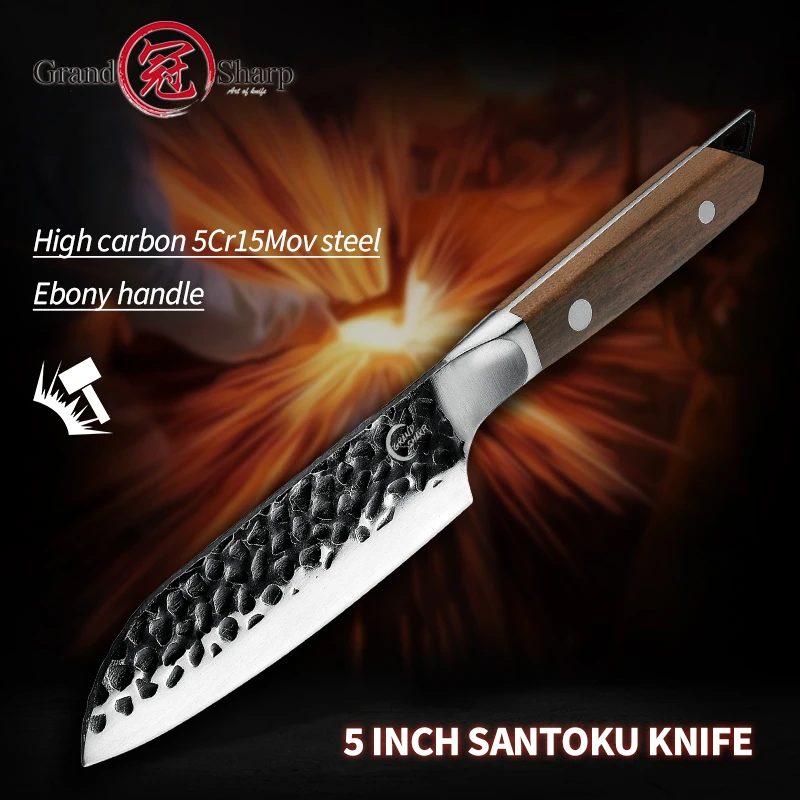 

Grandsharp 5 Inch Santoku Knife Hammered Finish High Carbon Stainless Steel Blade Ebony Wood Handle Japanese Chef Kitchen Knife