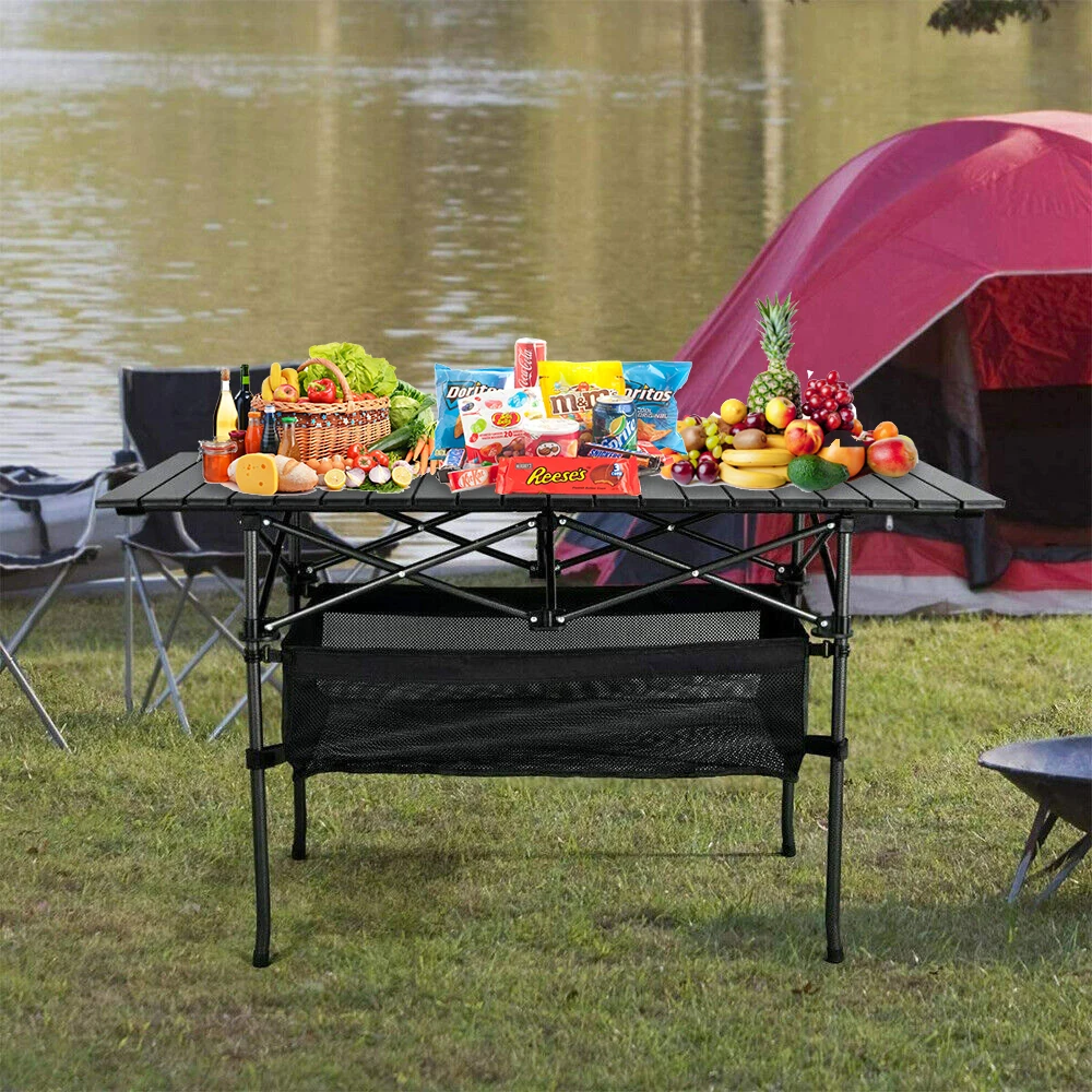 Outdoor Folding Tables Long Portable Egg Roll Table Camp Desk Fishing Barbecue Easy To Install With Storage Basket Light Stable