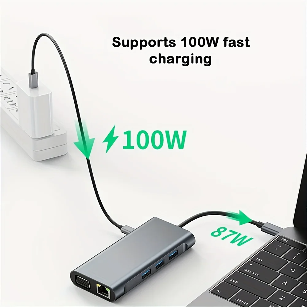 10-in-1 Ultra HD Type-C Hub Docking Station 4K 30Hz HDTV Compatible PD 87W Power Delivery, USB C Splitter for MacBook Pro Air