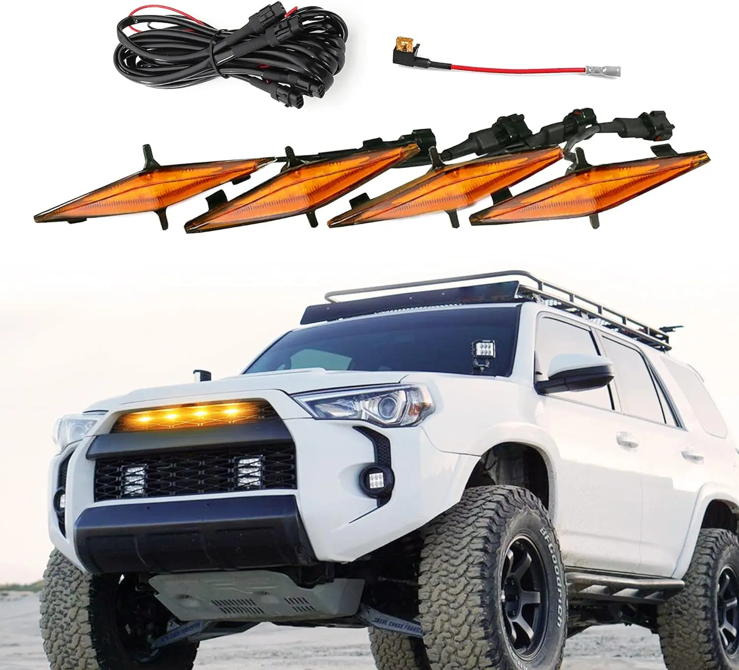 4pcs Car Front Grille LED Signal Lights Wire Harness For Toyota 4Runner TRD Pro 2014-2021 Grille Front Bumper Lamp Decoration