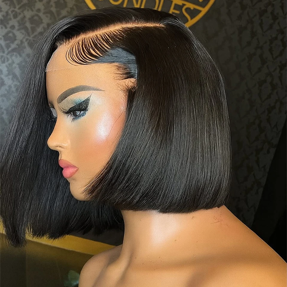 

Парик из 100% натуральных волос, прямой, короткий, боб, с прозрачной кружевной передней частью 13x4, плотность 220%, длина 10-16 дюймов, без клея, готовый к носке, для женщин