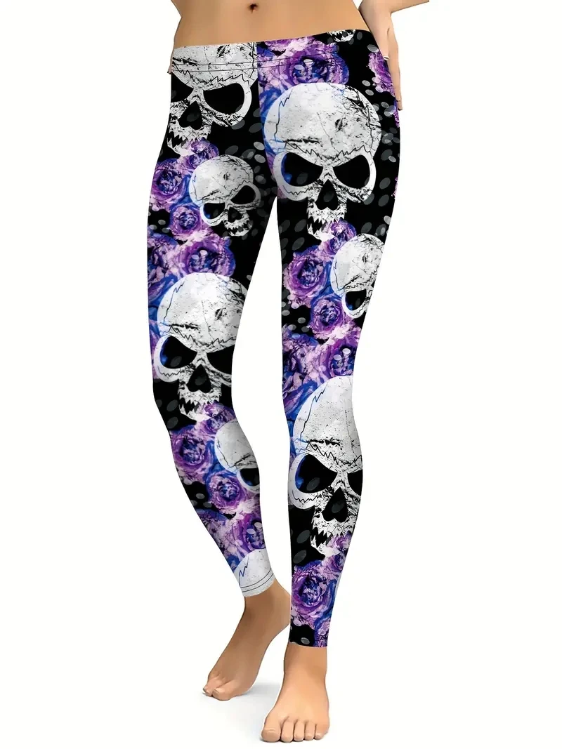 Purple Rose & Skull print elasticated waist tight casual leggings for women