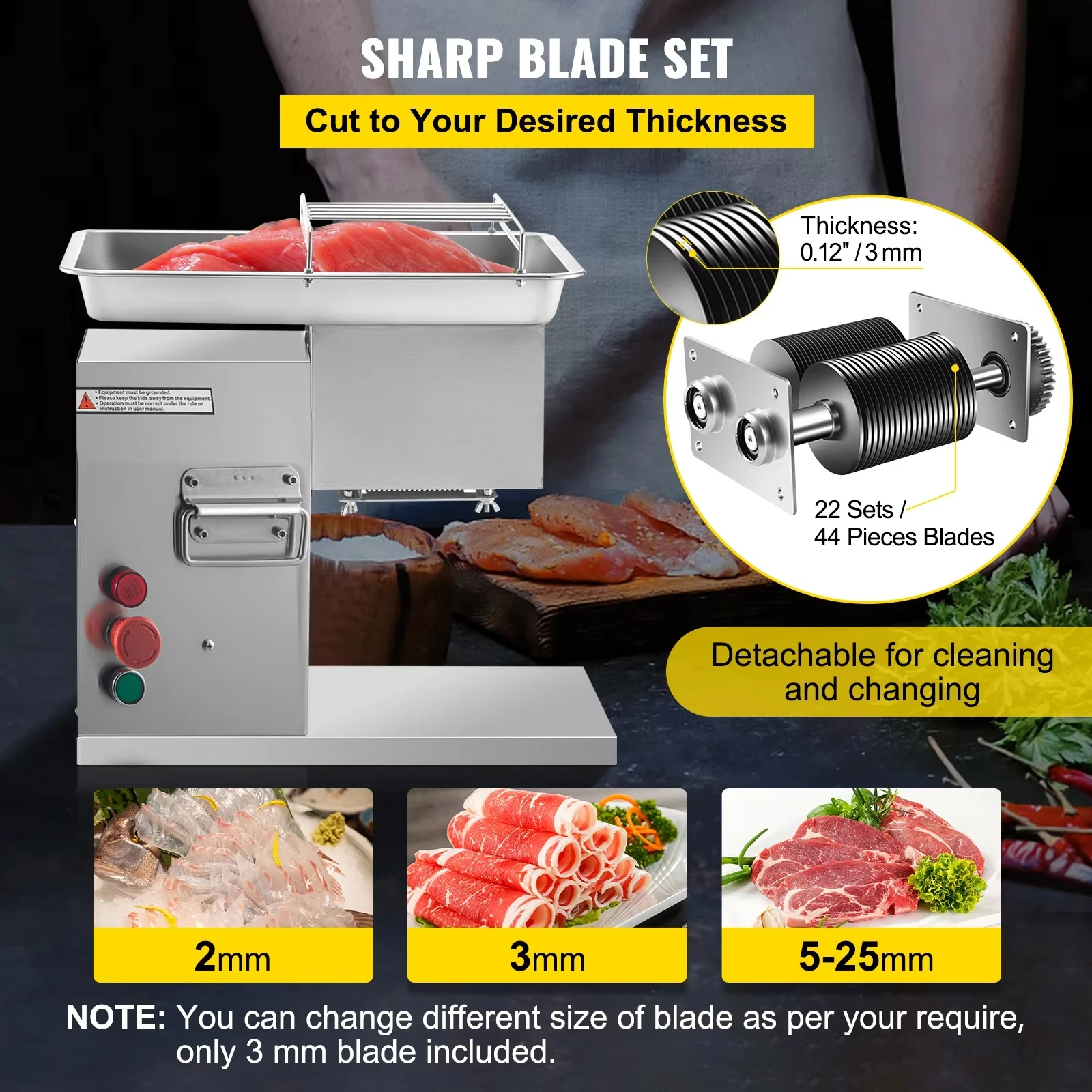 ONEHAPPY 電動スライサー ステンレススチール 850W 肉スライサー 3.0mm 鋭い刃付き キッチン、レストラン、スーパーマーケットなどに。