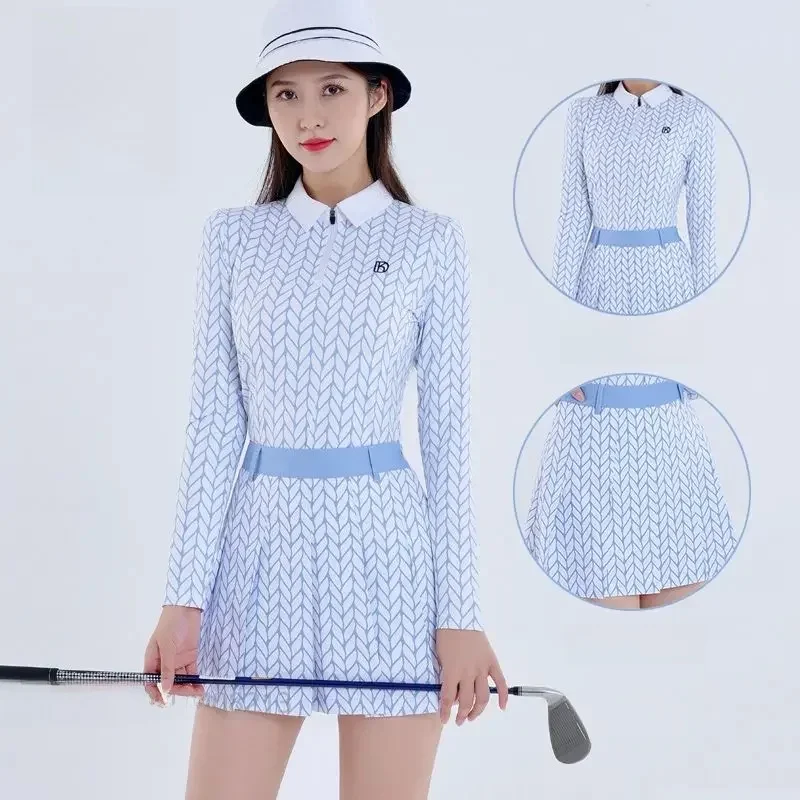 DK jesień damskie koszulki golfowe z nadrukiem wąska koszulka z długimi rękawami damska plisowana spódnica z wysokim stanem Golf Culottes OL odzież garnitur — zdjęcie 2