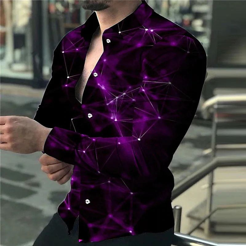 

Fashion Men's Designer Starry Sky Purple Blue Gold Luxury Social Men's Shirt Lapel Large Size Casual Dot Print Long Sleeve Top