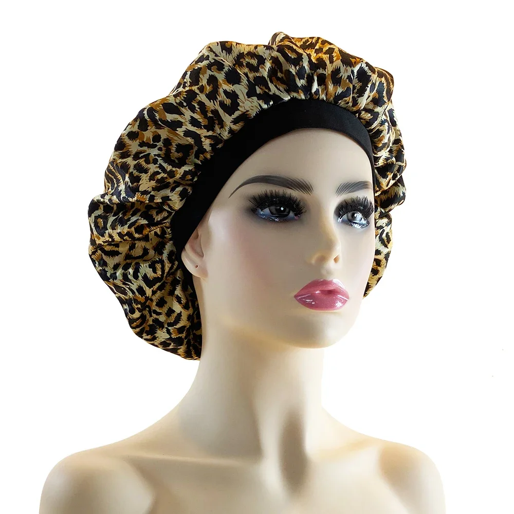 Bonnet en Satin imprimé léopard, large élastique, bonnet de nuit, chapeau de soins capillaires