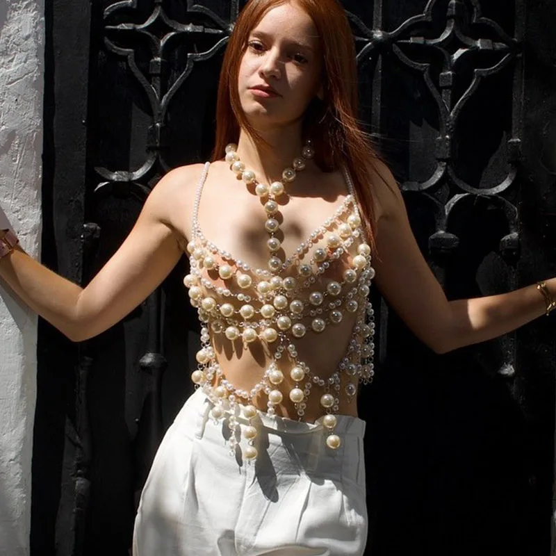 

Элегантный камзол богини, фестивальный костюм Rave 2022, топ с большим белым жемчугом, топ с открытой спиной, свадебные украшения для тела, жемчужная цепочка, майка с лямкой на шее