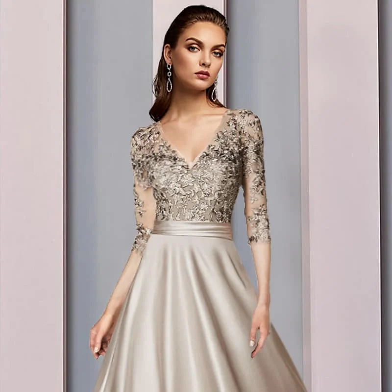 A-Line Mother of the Bride Dress Wedding Guest Elegant V Neck Tea Length Satin Lace Half Sleeve with Pleats Appliques