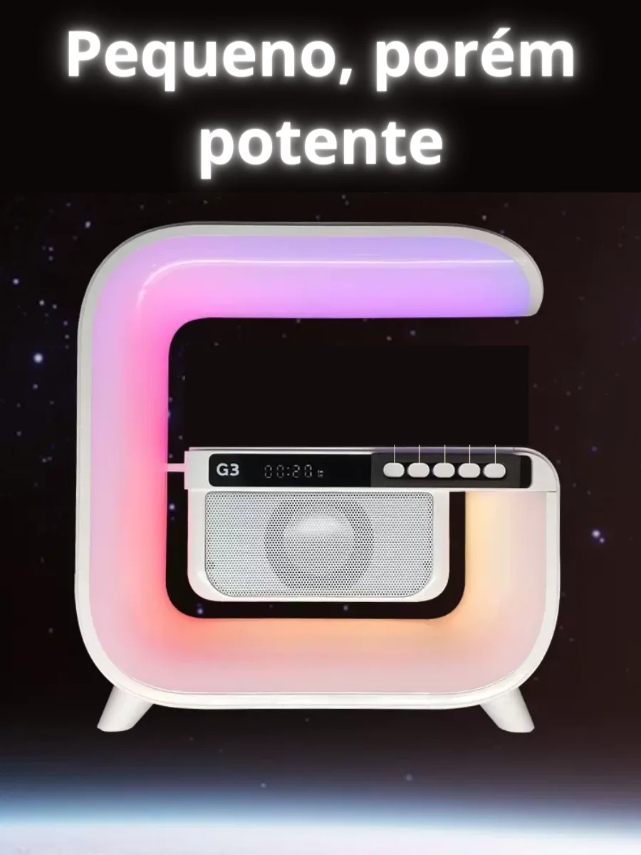 Relógio Despertador Luz RGB Multifuncional 6 em 1 Luzes ajustáveis, Caixa de som, Rádio FM, Recarregador sem fio de celular