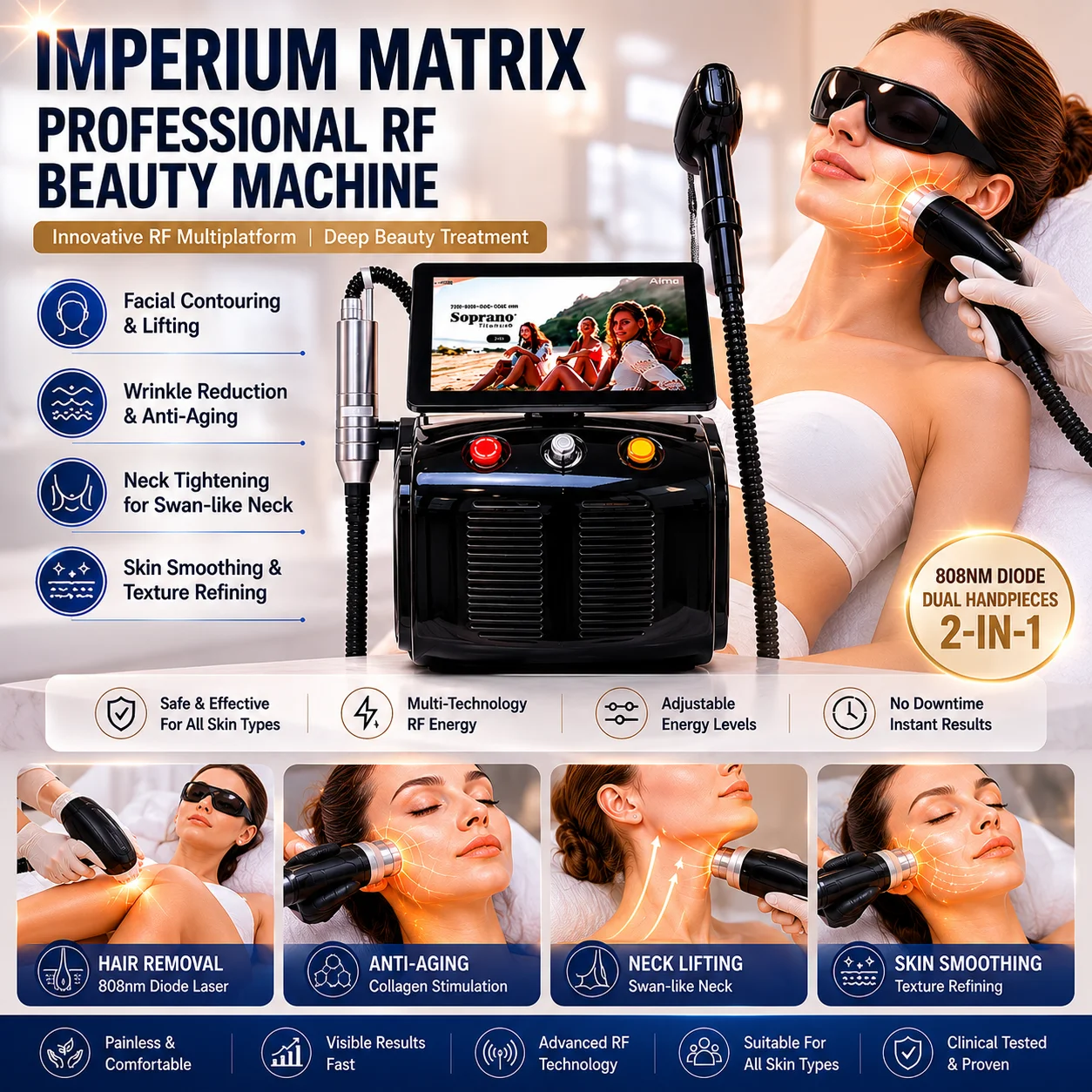 All-in-One Beauty Machine: Freezing Point Hair Removal Tattoo Removal Skin Tightening & Carbon Peel 808nm Diode Picosecond Last