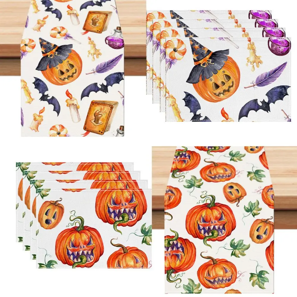 

10pcs Halloween Table Runner Placemats Set Thick Polyester Print Magic Hat Bat Pattern Hand Washable Tablecloth For Dining Room