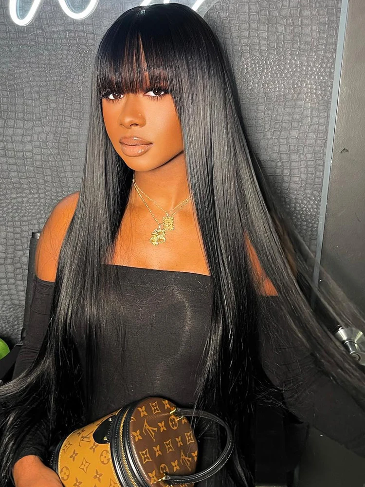 Wig With Bangs Human Hair Short Bob Wigs For Black Women Brazilian Full Bone Straight Cheap 30 Inch 100% Human Bang Fringe Wig