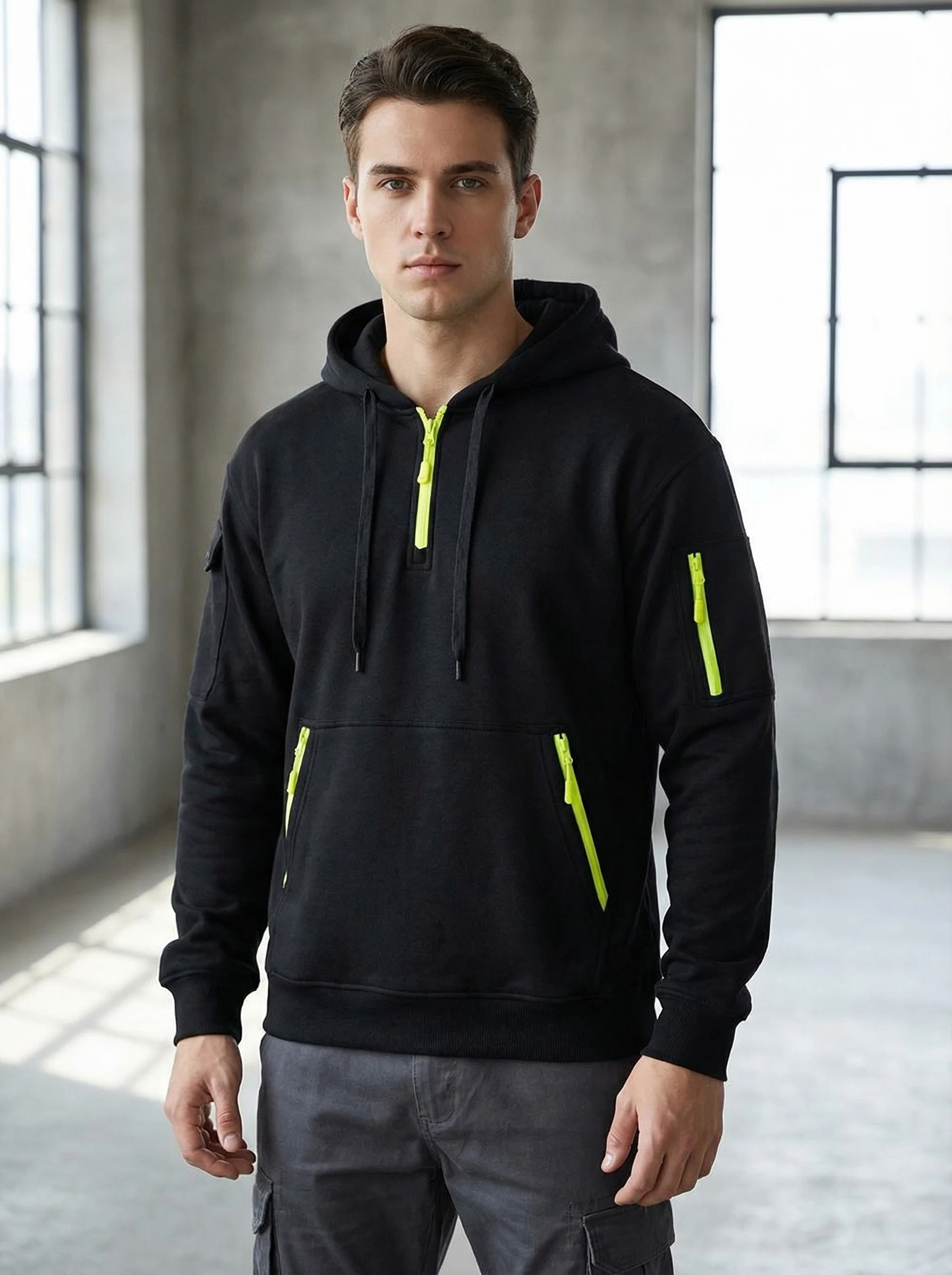 Men Tactical Cargo Hoodie, Multi Zipper Pockets Half Zip / Full Zip Hooded Sweatshirt, Outdoor Workwear Loose Long Sleeve Hoody