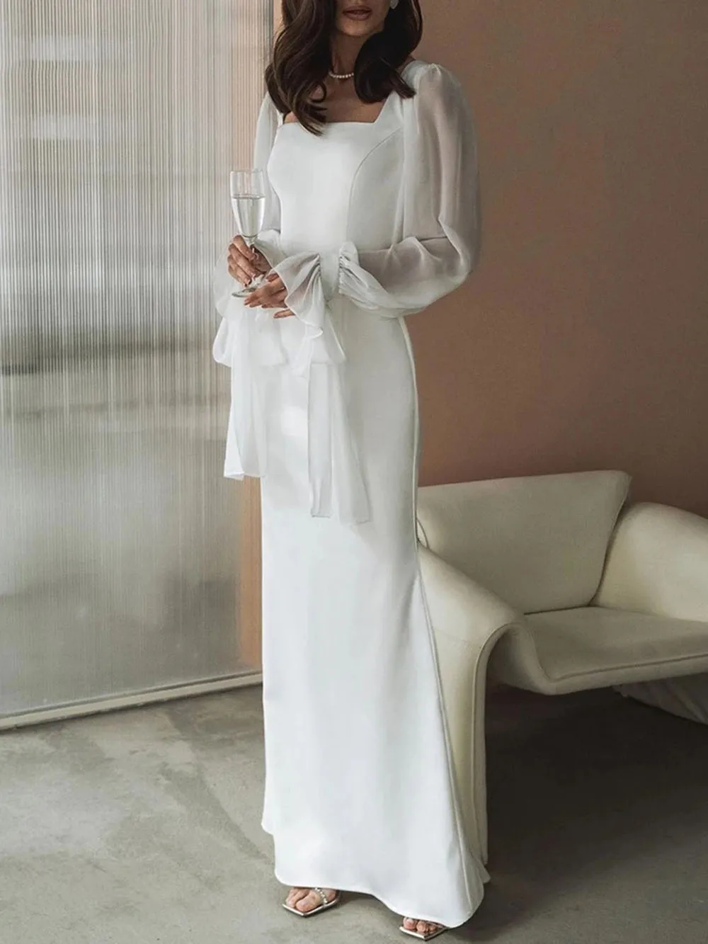 SoDigne Simple Wedding Dresses Square Neck Puff Sleeves Bodycon Satin Bride Dresses Vintage Bridal Gowns Floor length