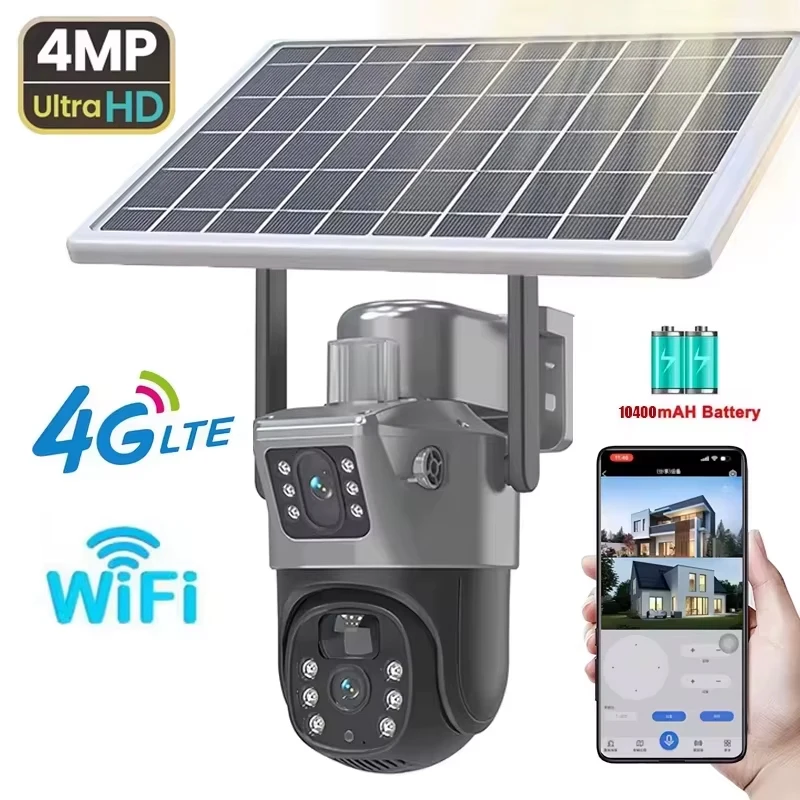 Kamera IP 4MP WIFI Bezprzewodowa PTZ Solarna z Podwójnym Obiektywem i Podwójnym Ekranem Zewnętrzna Kamera 4G z Panelem Solarnym Audio PIR Kamera Bezpieczeństwa i Monitoringu